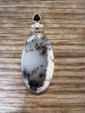 Sterling Silver 925 Dendritic Agate Black Stone Statement Pendant 2.25”
